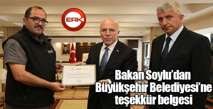 Bakan Soylu’dan Büyükşehir’e teşekkür belgesi