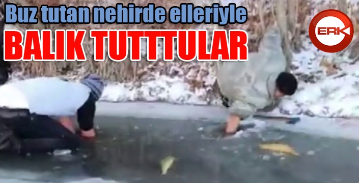 Buz tutan nehirde elleriyle balık avladılar