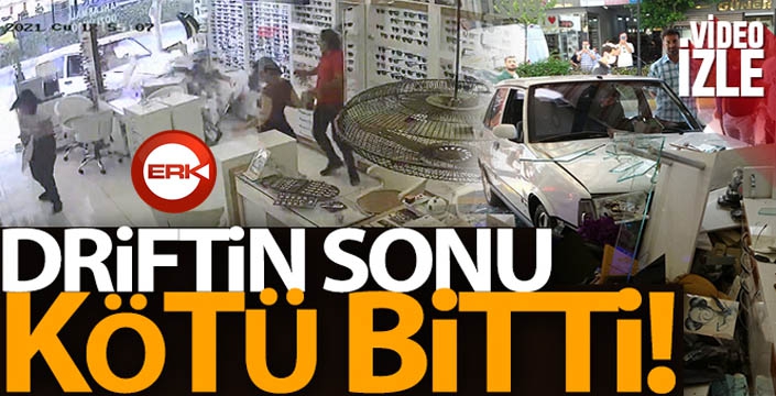 Drift atan otomobil iş yerine daldı, ortalık savaş alanına döndü