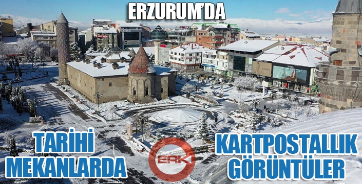 Erzurum’da kar altında kalan tarihi yerler havadan görüntülendi