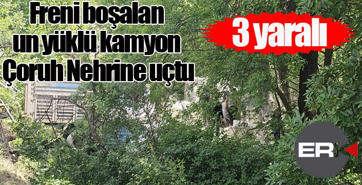 Freni boşalan un yüklü kamyon Çoruh Nehrine uçtu