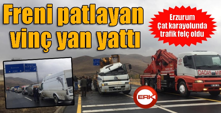 Freni patlayan vinç yan yattı, trafik felç oldu