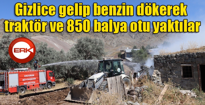 Gizlice gelip benzin dökerek traktör ve 850 balya otu yaktılar