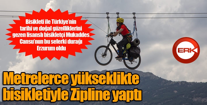 Metrelerce yükseklikte bisikletiyle Zipline yaptı