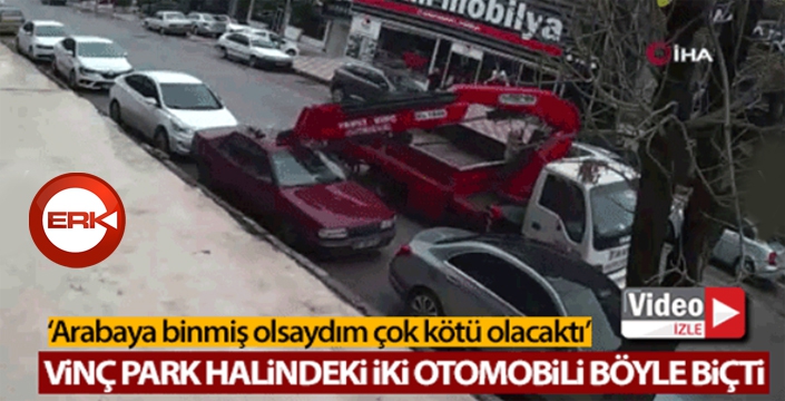 Vinç park halindeki iki otomobili biçti